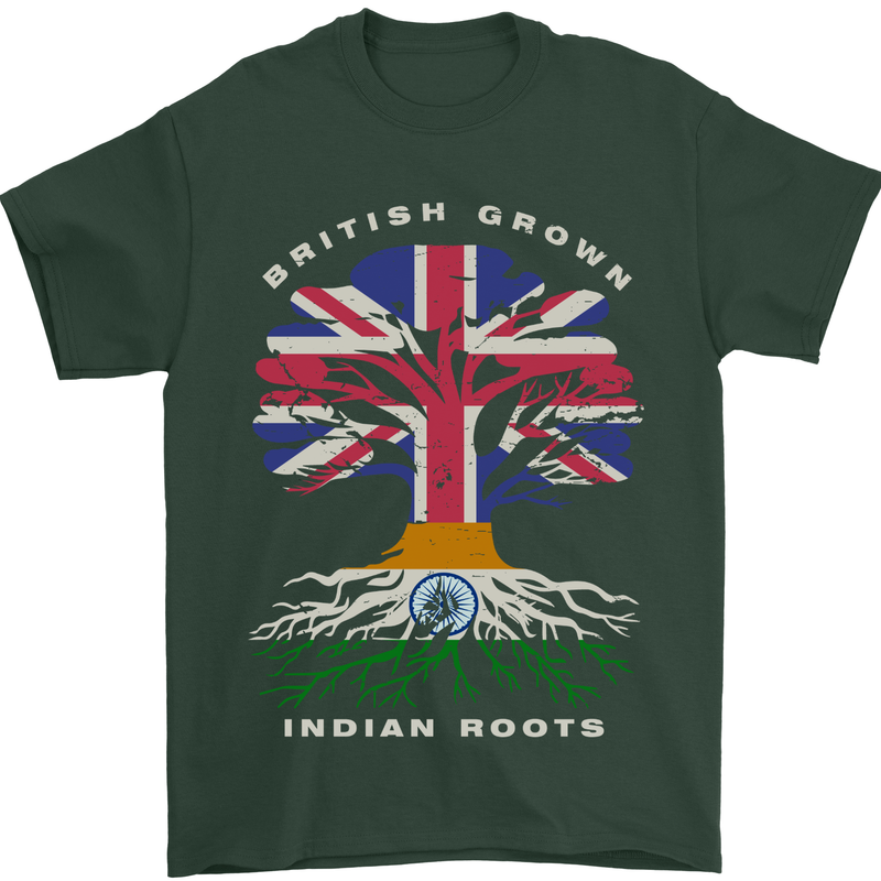 British Grown Indian Roots India Flag Mens T-Shirt 100% Cotton Forest Green