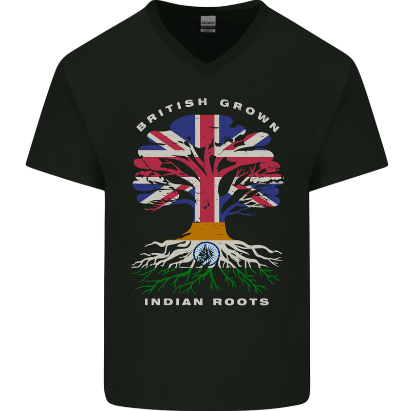British Grown Indian Roots India Flag Mens V-Neck Cotton T-Shirt Black