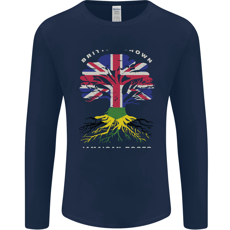 British Grown Jamaican Roots Jamaica Flag Mens Long Sleeve T-Shirt Navy Blue