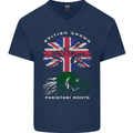 British Grown Pakistan Roots Flag Mens V-Neck Cotton T-Shirt Navy Blue