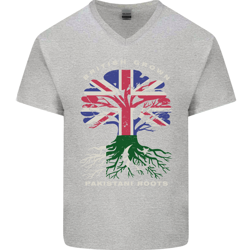 British Grown Pakistan Roots Flag Mens V-Neck Cotton T-Shirt Sports Grey