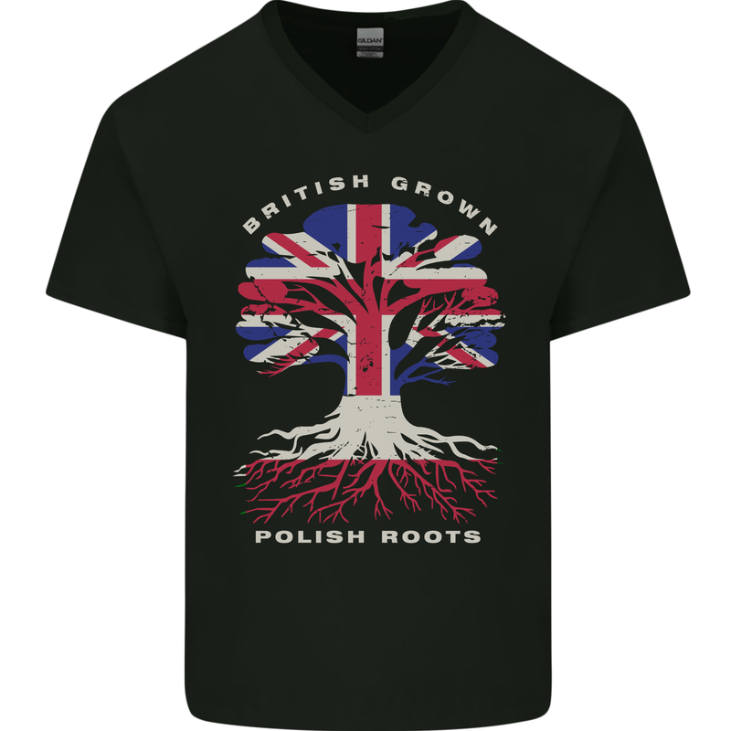 British Grown Polish Roots Poland Mens V-Neck Cotton T-Shirt Black