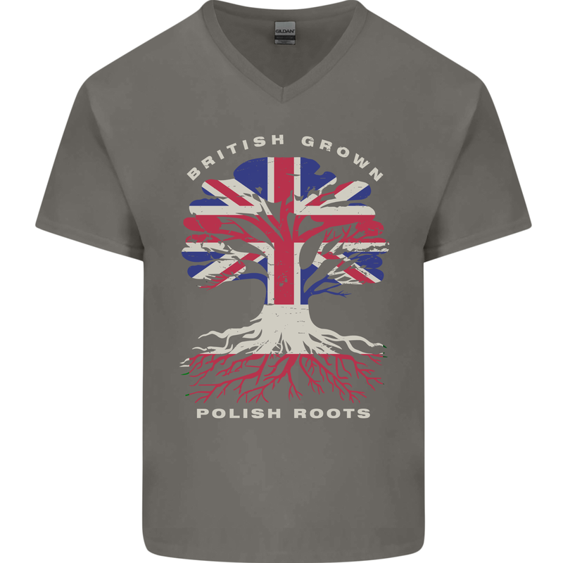 British Grown Polish Roots Poland Mens V-Neck Cotton T-Shirt Charcoal