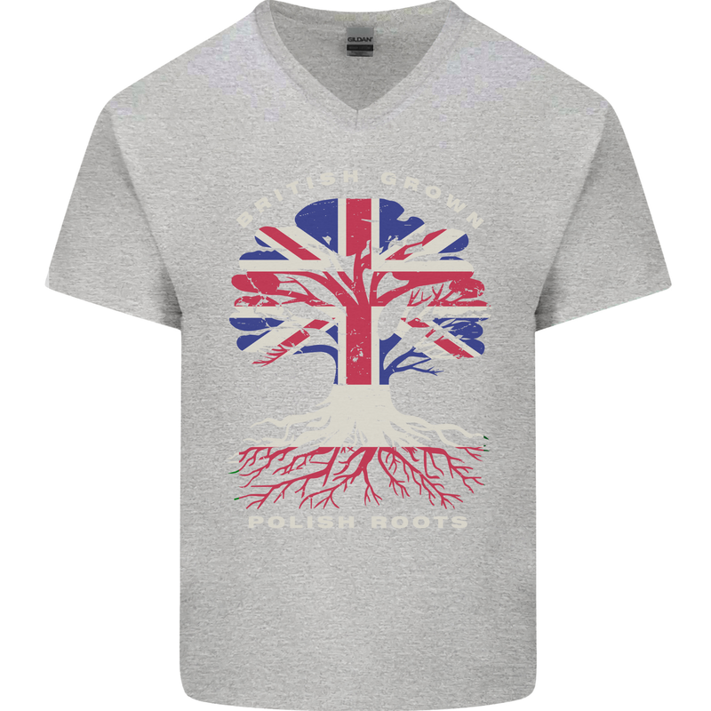 British Grown Polish Roots Poland Mens V-Neck Cotton T-Shirt Sports Grey