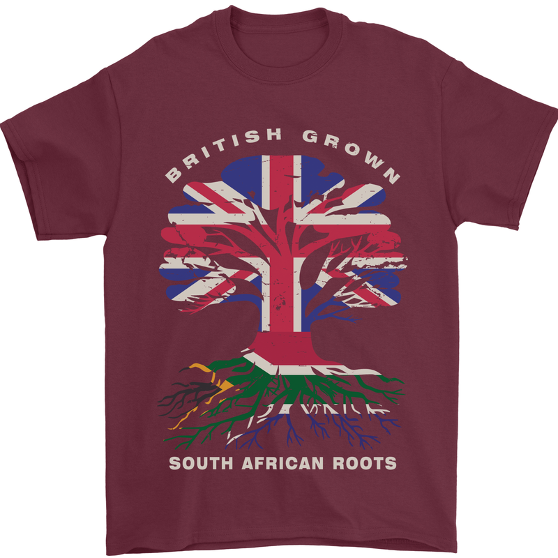 British Grown South African Roots Africa Flag Mens T-Shirt 100% Cotton Maroon