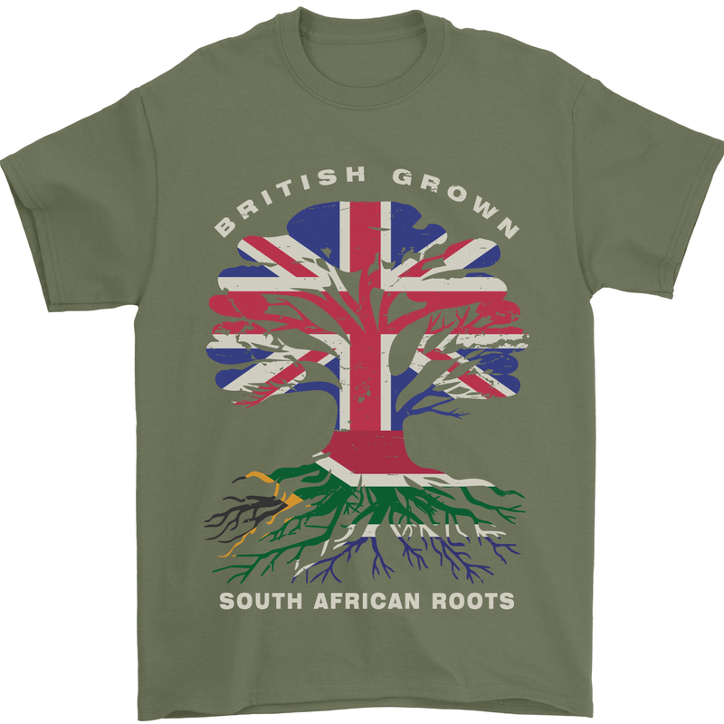 British Grown South African Roots Africa Flag Mens T-Shirt 100% Cotton Military Green