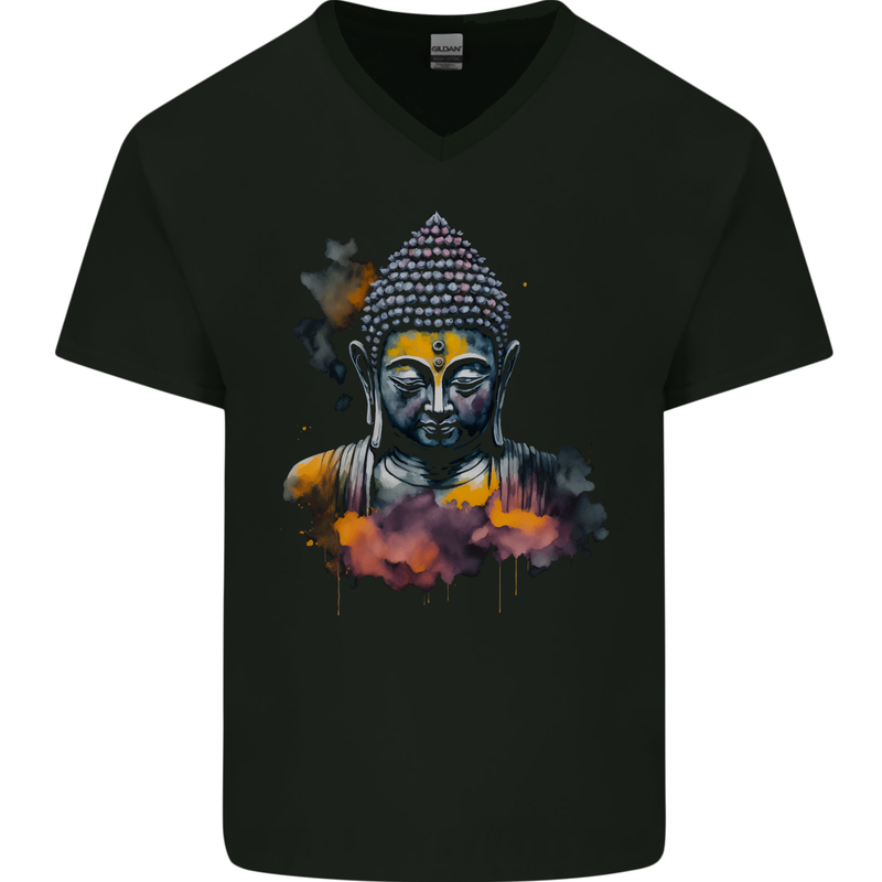 Buddha Watercolour Mens V-Neck Cotton T-Shirt Black