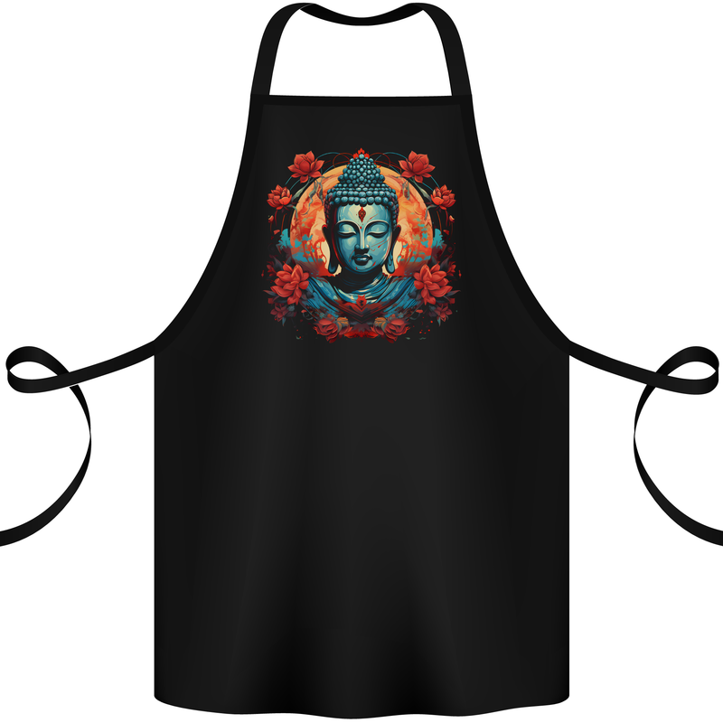 Buddha With Lotus Flowers Cotton Apron 100% Organic Black