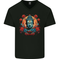 Buddha With Lotus Flowers Mens V-Neck Cotton T-Shirt Black
