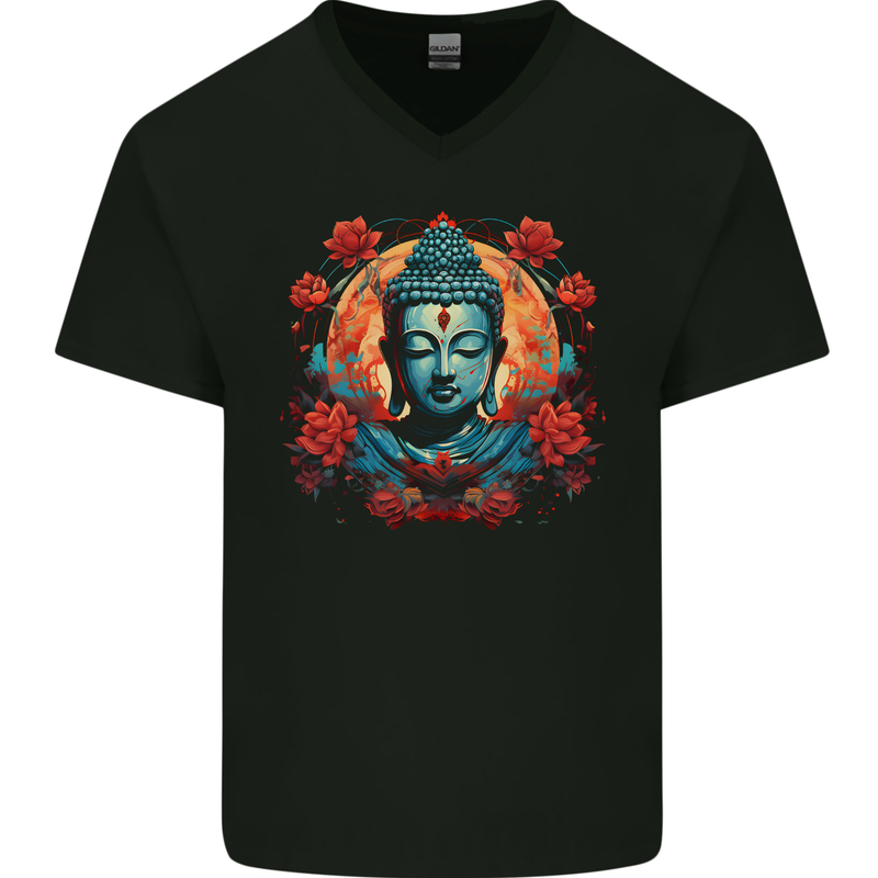 Buddha With Lotus Flowers Mens V-Neck Cotton T-Shirt Black