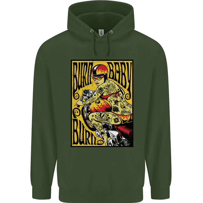 Burn Baby Burn Female Biker Motorcycle Childrens Kids Hoodie Forest Green