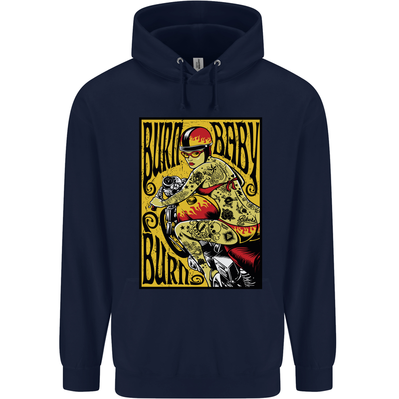 Burn Baby Burn Female Biker Motorcycle Childrens Kids Hoodie Navy Blue
