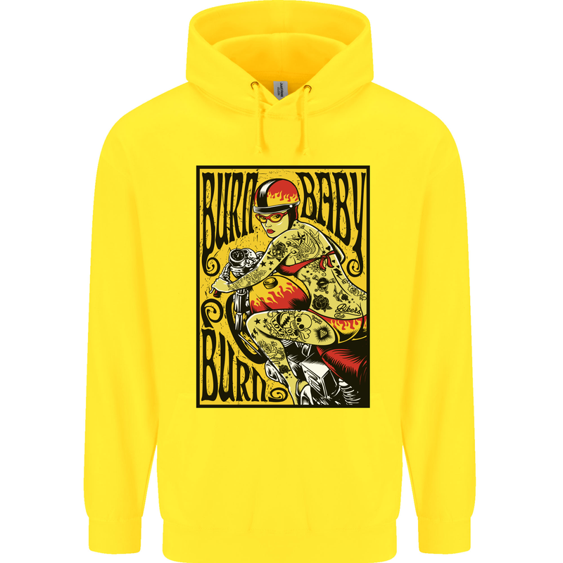 Burn Baby Burn Female Biker Motorcycle Childrens Kids Hoodie Yellow