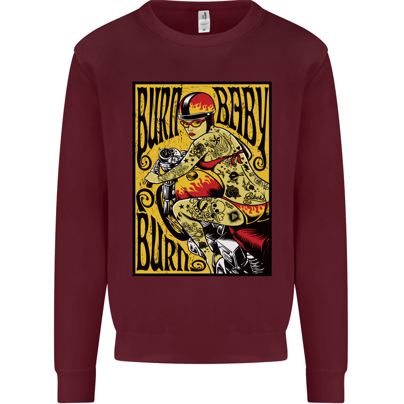 Burn Baby Burn Female Biker Motorcycle Kids Sweatshirt Jumper Maroon