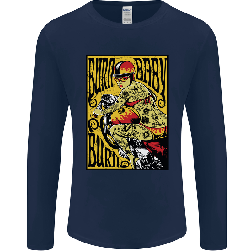 Burn Baby Burn Female Biker Motorcycle Mens Long Sleeve T-Shirt Navy Blue