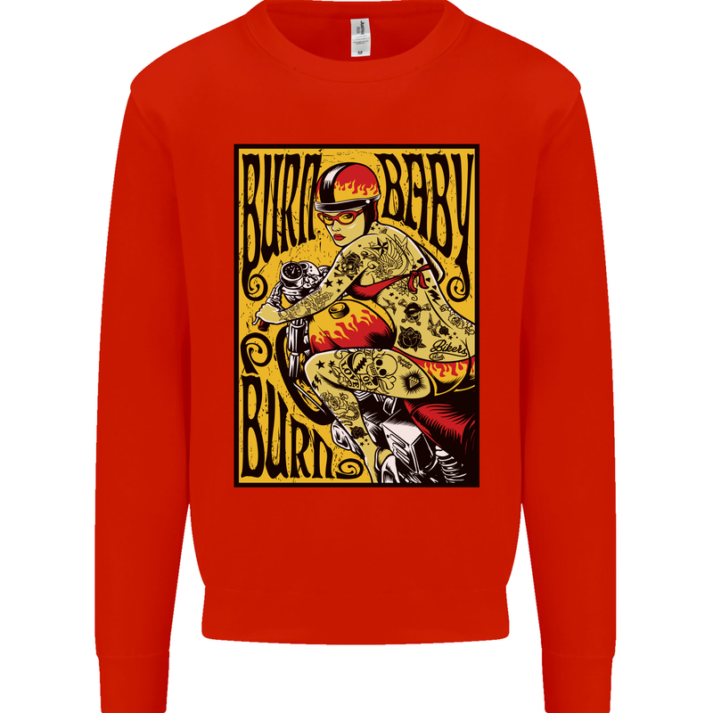 Burn Baby Burn Lady Biker Motorcycle Motorbike Kids Sweatshirt Jumper Bright Red