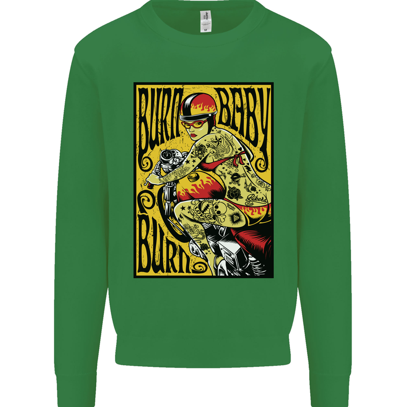 Burn Baby Burn Lady Biker Motorcycle Motorbike Kids Sweatshirt Jumper Irish Green