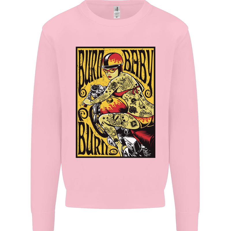 Burn Baby Burn Lady Biker Motorcycle Motorbike Kids Sweatshirt Jumper Light Pink