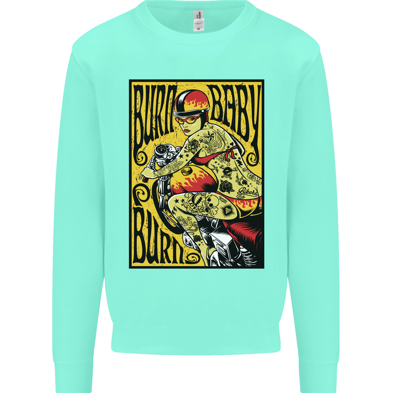 Burn Baby Burn Lady Biker Motorcycle Motorbike Kids Sweatshirt Jumper Peppermint
