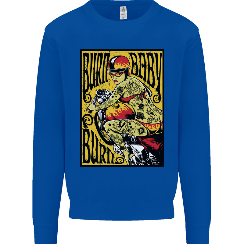 Burn Baby Burn Lady Biker Motorcycle Motorbike Kids Sweatshirt Jumper Royal Blue