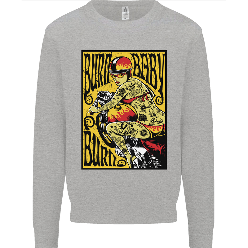Burn Baby Burn Lady Biker Motorcycle Motorbike Kids Sweatshirt Jumper Sports Grey
