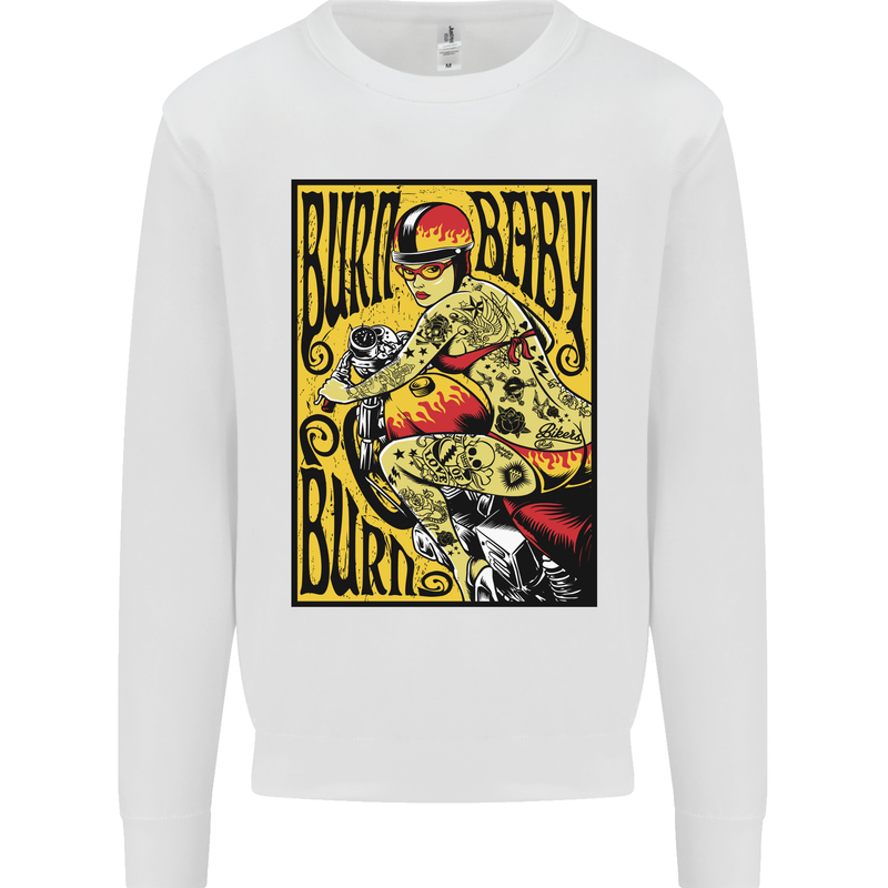 Burn Baby Burn Lady Biker Motorcycle Motorbike Kids Sweatshirt Jumper White