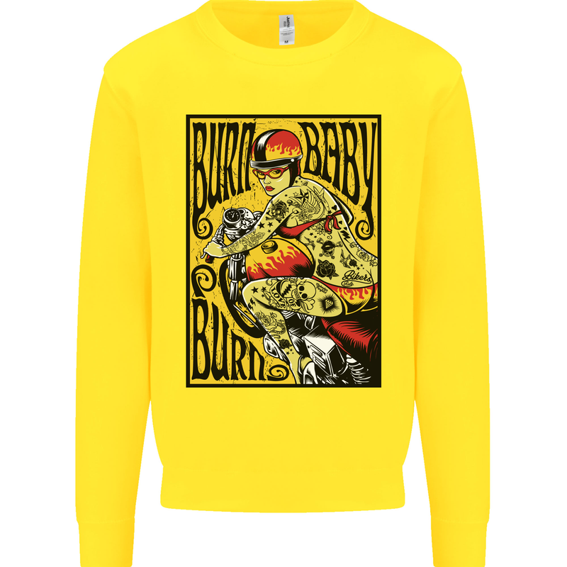 Burn Baby Burn Lady Biker Motorcycle Motorbike Kids Sweatshirt Jumper Yellow