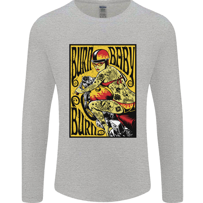 Burn Baby Burn Lady Biker Motorcycle Motorbike Mens Long Sleeve T-Shirt Sports Grey
