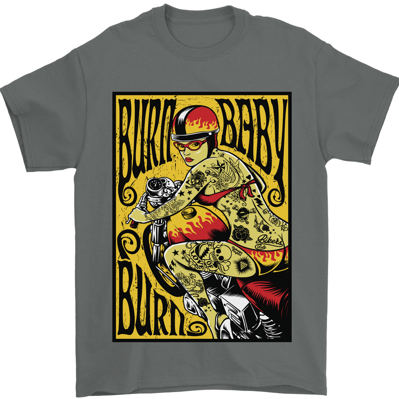 Burn Baby Burn Lady Biker Motorcycle Motorbike Mens T-Shirt 100% Cotton Charcoal