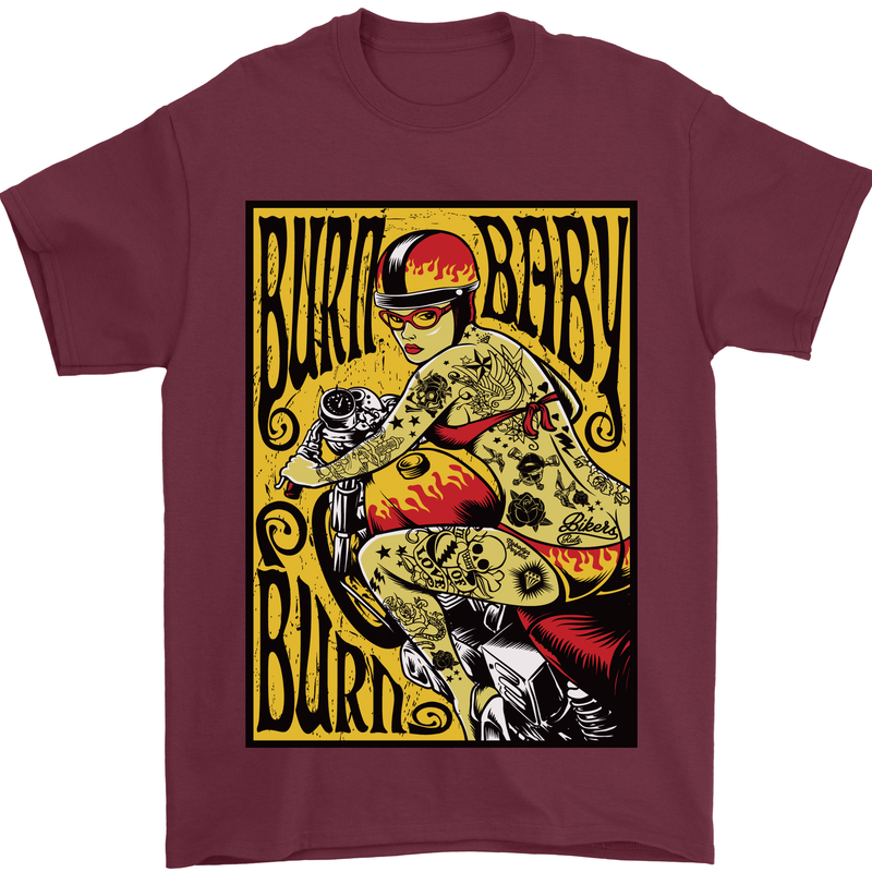 Burn Baby Burn Lady Biker Motorcycle Motorbike Mens T-Shirt 100% Cotton Maroon