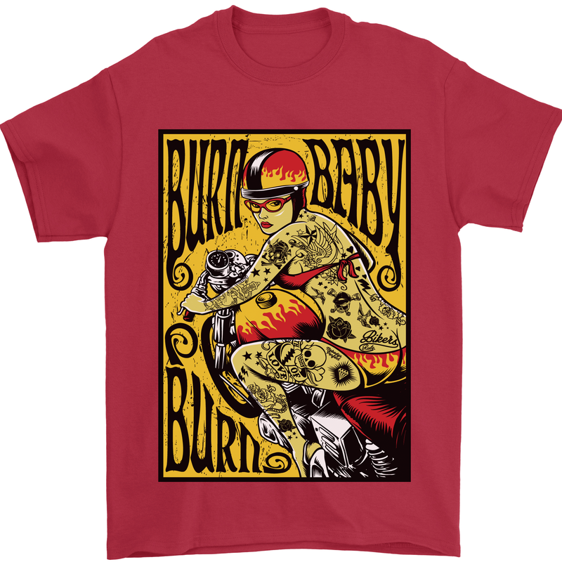 Burn Baby Burn Lady Biker Motorcycle Motorbike Mens T-Shirt 100% Cotton Red
