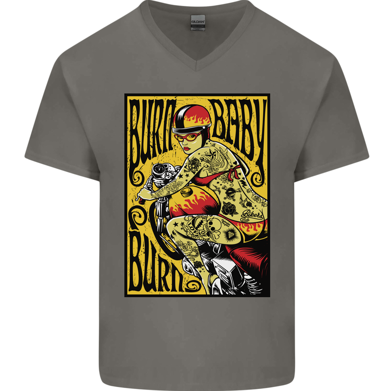 Burn Baby Burn Lady Biker Motorcycle Motorbike Mens V-Neck Cotton T-Shirt Charcoal