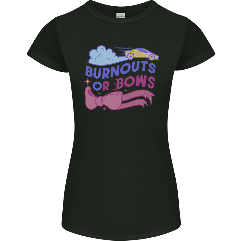 Burnouts or Bows Gender Reveal New Baby Pregnant Womens Petite Cut T-Shirt Black