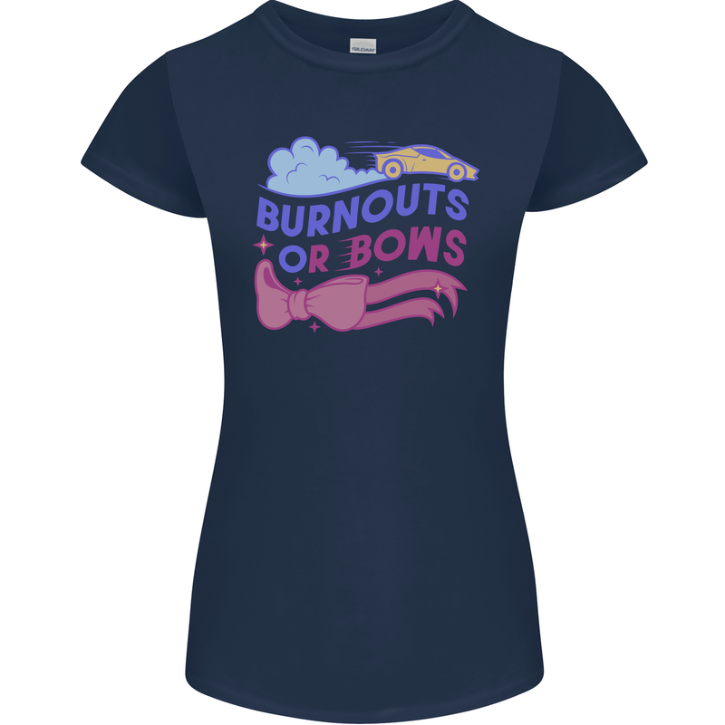 Burnouts or Bows Gender Reveal New Baby Pregnant Womens Petite Cut T-Shirt Navy Blue