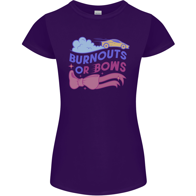 Burnouts or Bows Gender Reveal New Baby Pregnant Womens Petite Cut T-Shirt Purple