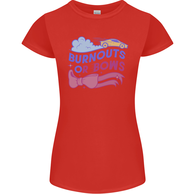 Burnouts or Bows Gender Reveal New Baby Pregnant Womens Petite Cut T-Shirt Red