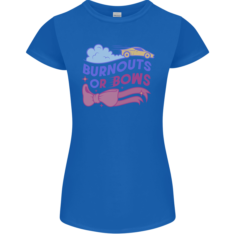 Burnouts or Bows Gender Reveal New Baby Pregnant Womens Petite Cut T-Shirt Royal Blue