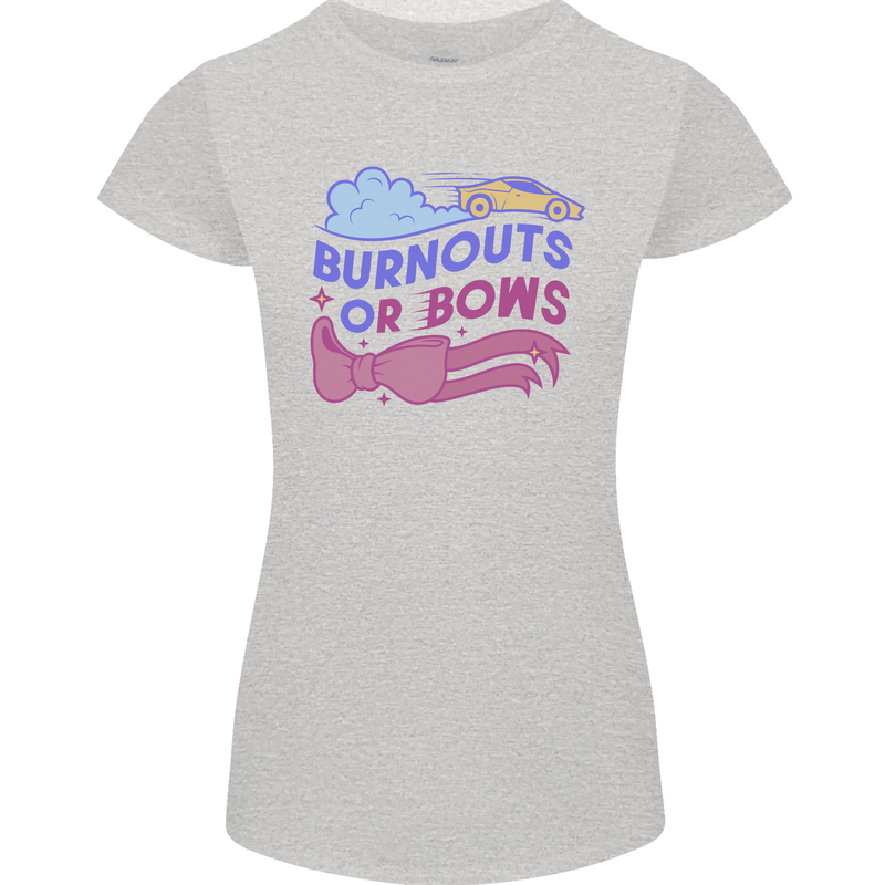 Burnouts or Bows Gender Reveal New Baby Pregnant Womens Petite Cut T-Shirt Sports Grey