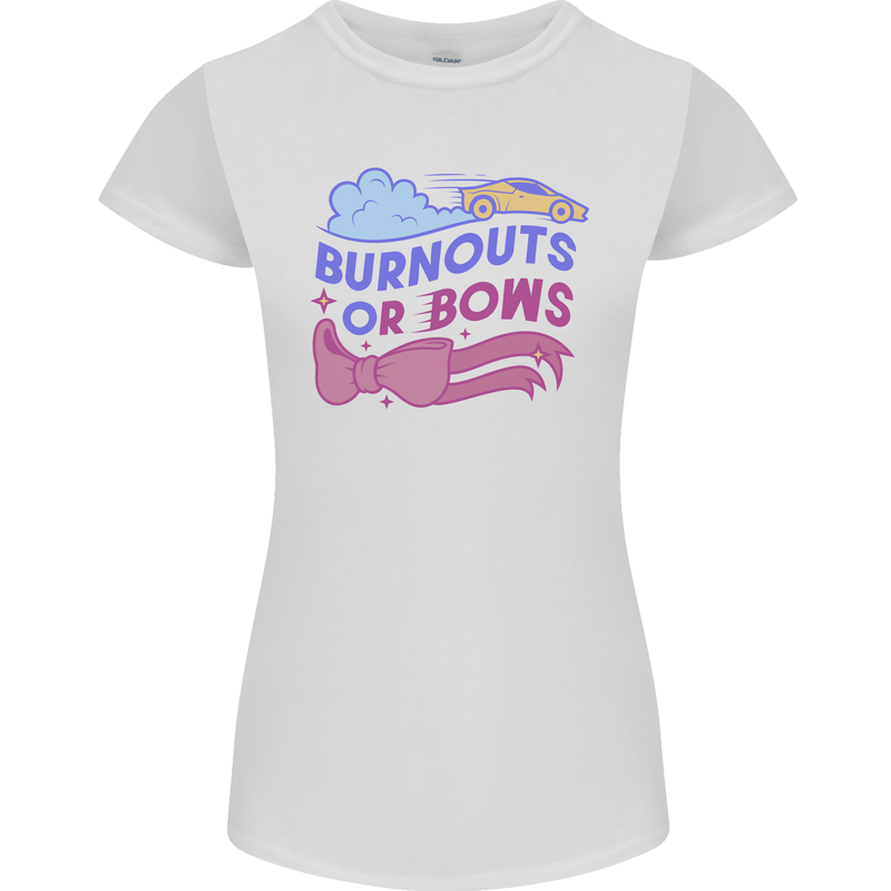 Burnouts or Bows Gender Reveal New Baby Pregnant Womens Petite Cut T-Shirt White
