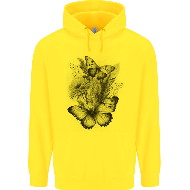 Butterflies & Flowers in the Wild Nature Mens 80% Cotton Hoodie Yellow