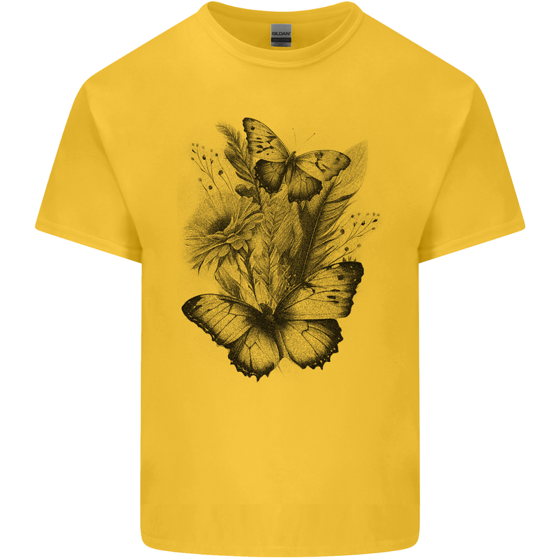 Butterflies & Flowers in the Wild Nature Mens Cotton T-Shirt Tee Top Yellow