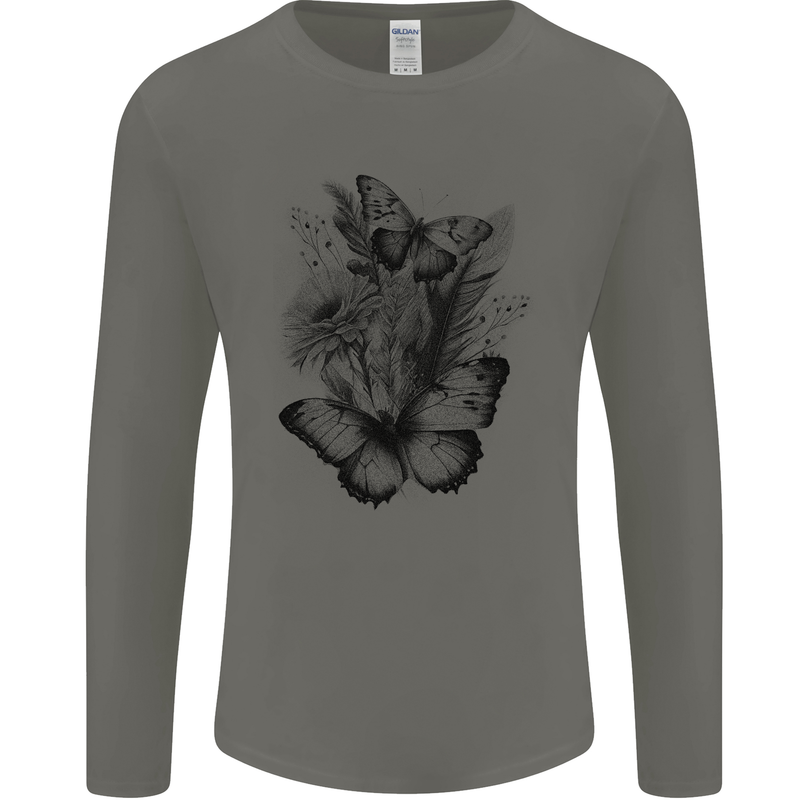 Butterflies & Flowers in the Wild Nature Mens Long Sleeve T-Shirt Charcoal