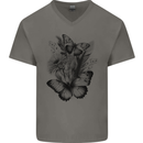 Butterflies & Flowers in the Wild Nature Mens V-Neck Cotton T-Shirt Charcoal