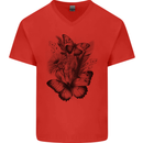 Butterflies & Flowers in the Wild Nature Mens V-Neck Cotton T-Shirt Red