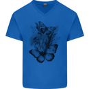 Butterflies & Flowers in the Wild Nature Mens V-Neck Cotton T-Shirt Royal Blue