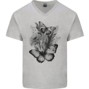 Butterflies & Flowers in the Wild Nature Mens V-Neck Cotton T-Shirt Sports Grey