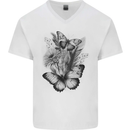 Butterflies & Flowers in the Wild Nature Mens V-Neck Cotton T-Shirt White