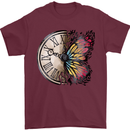 Butterfly Clock Mens T-Shirt 100% Cotton Maroon