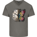 Butterfly Clock Mens V-Neck Cotton T-Shirt Charcoal