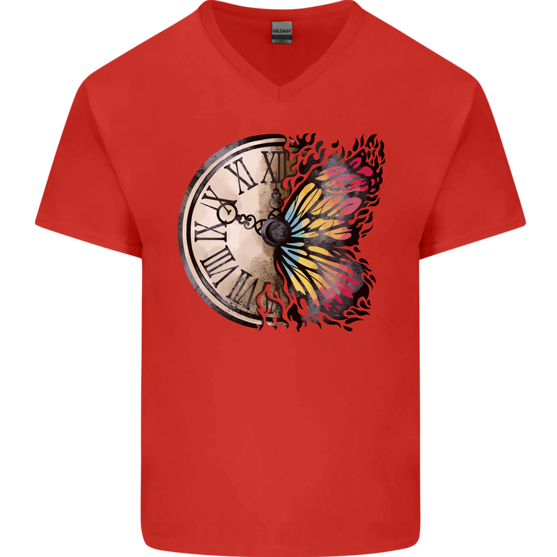 Butterfly Clock Mens V-Neck Cotton T-Shirt Red